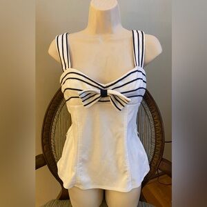 Frederick's of Hollywood White Bow Top with Navy Stripes